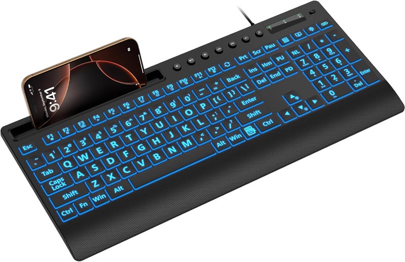 SABLUTE Large Print Backlit Keyboard, USB Wired Computer Keyboard with Backlight Memory Function, Wrist Palm, 7-Color Lighted Office Home Keyboards,Light Up Keyboard for Windows Desktop, Laptop, PC - Image 1